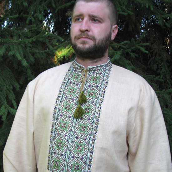 Ukrainian hand embroidered shirt for men Beige green linen shirt Colorful ethnic cross stitch embroidery Slavic costume Christmas gift Ukrainian hand embroidered shirt for men Beige green linen shirt Colorful ethnic cross stitch embroidery Slavic costume Christmas gift