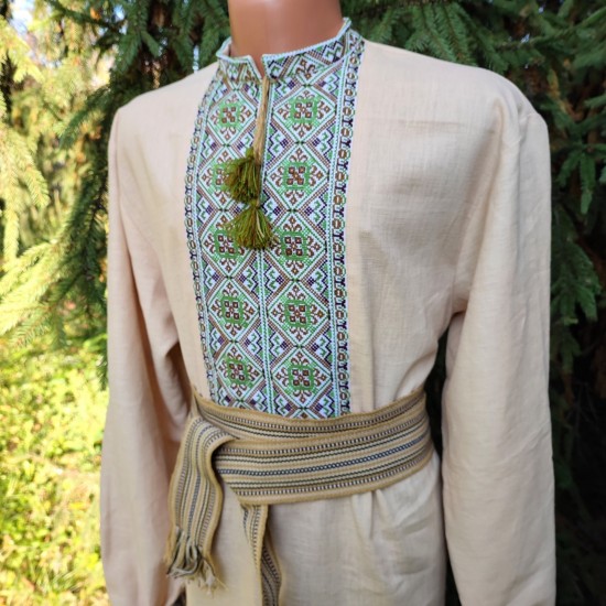 Ukrainian hand embroidered shirt for men Beige green linen shirt Colorful ethnic cross stitch embroidery Slavic costume Christmas gift Ukrainian hand embroidered shirt for men Beige green linen shirt Colorful ethnic cross stitch embroidery Slavic costume Christmas gift