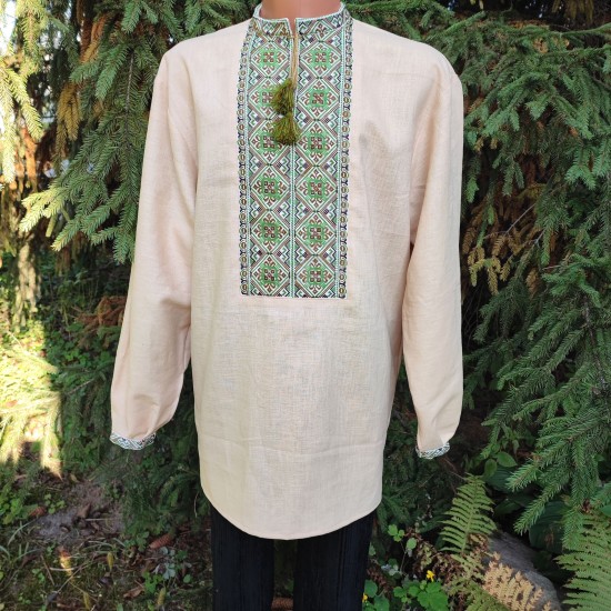 Ukrainian hand embroidered shirt for men Beige green linen shirt Colorful ethnic cross stitch embroidery Slavic costume Christmas gift Ukrainian hand embroidered shirt for men Beige green linen shirt Colorful ethnic cross stitch embroidery Slavic costume Christmas gift