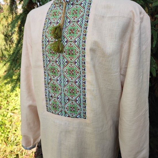 Ukrainian hand embroidered shirt for men Beige green linen shirt Colorful ethnic cross stitch embroidery Slavic costume Christmas gift Ukrainian hand embroidered shirt for men Beige green linen shirt Colorful ethnic cross stitch embroidery Slavic costume Christmas gift