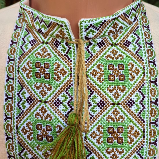 Ukrainian hand embroidered shirt for men Beige green linen shirt Colorful ethnic cross stitch embroidery Slavic costume Christmas gift Ukrainian hand embroidered shirt for men Beige green linen shirt Colorful ethnic cross stitch embroidery Slavic costume Christmas gift