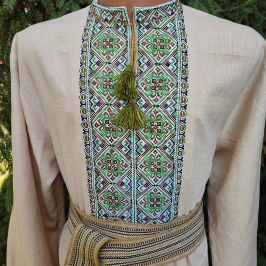 Ukrainian hand embroidered shirt for men Beige green linen shirt Colorful ethnic cross stitch embroidery Slavic costume Christmas gift Ukrainian hand embroidered shirt for men Beige green linen shirt Colorful ethnic cross stitch embroidery Slavic costume Christmas gift