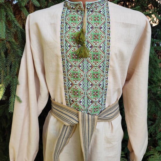 Ukrainian hand embroidered shirt for men Beige green linen shirt Colorful ethnic cross stitch embroidery Slavic costume Christmas gift Ukrainian hand embroidered shirt for men Beige green linen shirt Colorful ethnic cross stitch embroidery Slavic costume Christmas gift