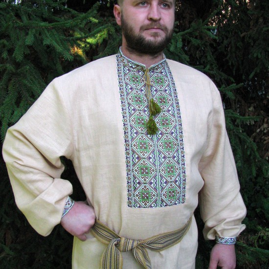 Ukrainian hand embroidered shirt for men Beige green linen shirt Colorful ethnic cross stitch embroidery Slavic costume Christmas gift Ukrainian hand embroidered shirt for men Beige green linen shirt Colorful ethnic cross stitch embroidery Slavic costume Christmas gift