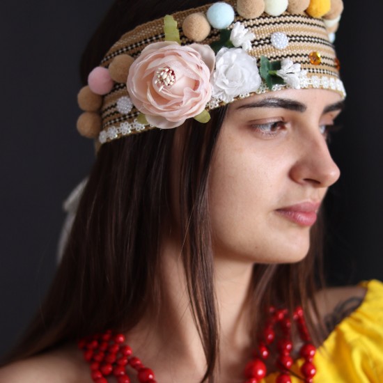 Ukrainian headband for women Colorful ethnic head crown with flowers & beige pom poms Traditional folk head wreath Easter gift Ukrainian headband for women Colorful ethnic head crown with flowers & beige pom poms Traditional folk head wreath Easter gift