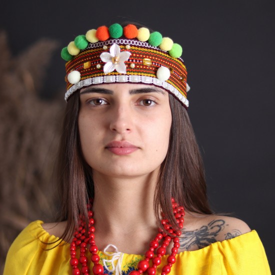 Ukrainian headband for women Colorful ethnic head crown with flowers & beige pom poms Traditional folk head wreath Easter gift Ukrainian headband for women Colorful ethnic head crown with flowers & beige pom poms Traditional folk head wreath Easter gift