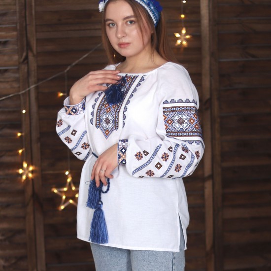Ukrainian embroidered blouse for women Slavic blue & olive embroidery White ethnic wedding costume Folk outfit for lady Easter gift Ukrainian embroidered blouse for women Slavic blue & olive embroidery White ethnic wedding costume Folk outfit for lady Easter gift