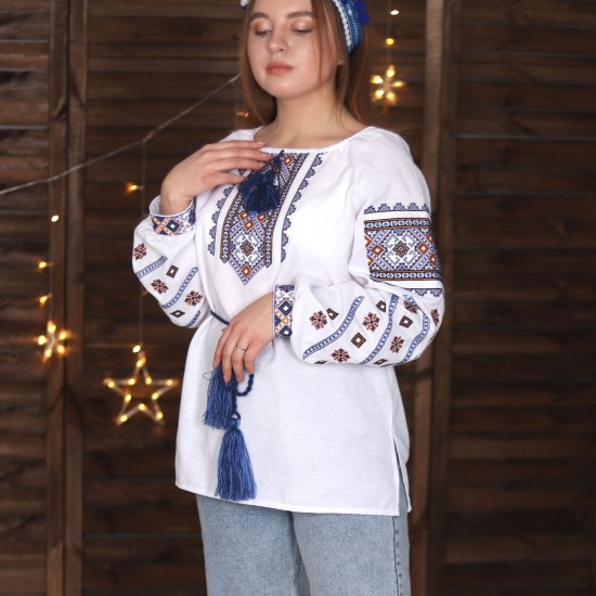 Ukrainian embroidered blouse for women Slavic blue & olive embroidery White ethnic wedding costume Folk outfit for lady Easter gift Ukrainian embroidered blouse for women Slavic blue & olive embroidery White ethnic wedding costume Folk outfit for lady Easter gift