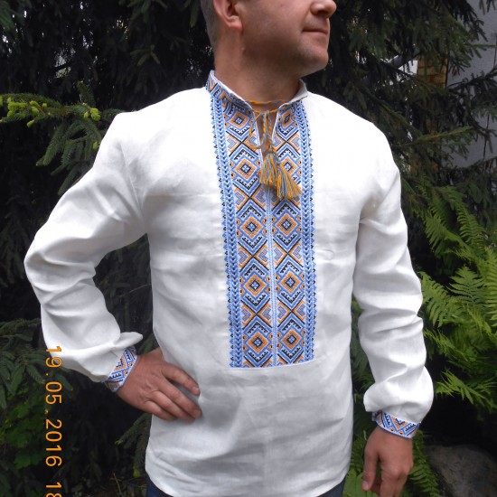 Ukrainian hand embroidered linen shirt for men Ethnic cross stitch blue yellow embroidery White slavic wedding costume Easter gift Ukrainian hand embroidered linen shirt for men Ethnic cross stitch blue yellow embroidery White slavic wedding costume Easter gift