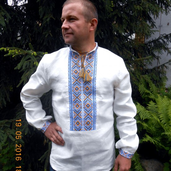 Ukrainian hand embroidered linen shirt for men Ethnic cross stitch blue yellow embroidery White slavic wedding costume Easter gift Ukrainian hand embroidered linen shirt for men Ethnic cross stitch blue yellow embroidery White slavic wedding costume Easter gift