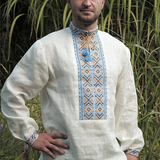 Ukrainian hand embroidered linen shirt for men Ethnic cross stitch blue yellow embroidery White slavic wedding costume Easter gift Ukrainian hand embroidered linen shirt for men Ethnic cross stitch blue yellow embroidery White slavic wedding costume Easter gift