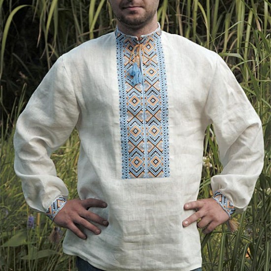 Ukrainian hand embroidered linen shirt for men Ethnic cross stitch blue yellow embroidery White slavic wedding costume Easter gift Ukrainian hand embroidered linen shirt for men Ethnic cross stitch blue yellow embroidery White slavic wedding costume Easter gift