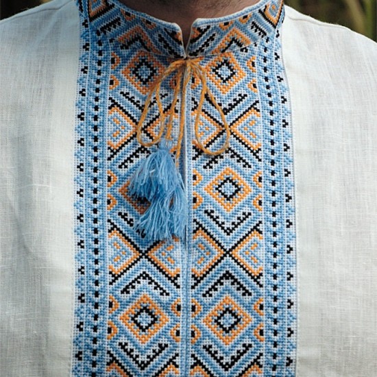 Hand embroidered organic cotton shirt for men Ethnic Ukrainian cross stitch Blue yellow embroidery White Cossack shirt Christmas gift Hand embroidered organic cotton shirt for men Ethnic Ukrainian cross stitch Blue yellow embroidery White Cossack shirt Christmas gift