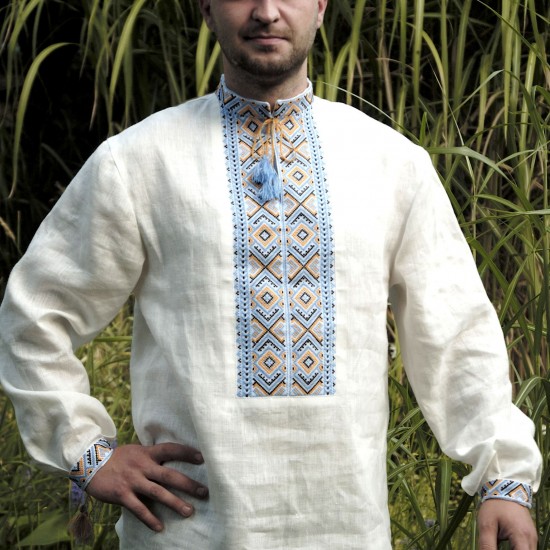 Hand embroidered organic cotton shirt for men Ethnic Ukrainian cross stitch Blue yellow embroidery White Cossack shirt Christmas gift Hand embroidered organic cotton shirt for men Ethnic Ukrainian cross stitch Blue yellow embroidery White Cossack shirt Christmas gift