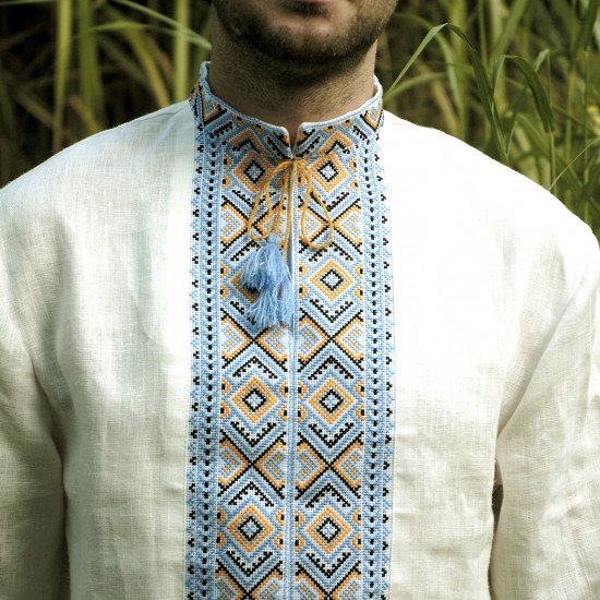 Hand embroidered organic cotton shirt for men Ethnic Ukrainian cross stitch Blue yellow embroidery White Cossack shirt Christmas gift Hand embroidered organic cotton shirt for men Ethnic Ukrainian cross stitch Blue yellow embroidery White Cossack shirt Christmas gift