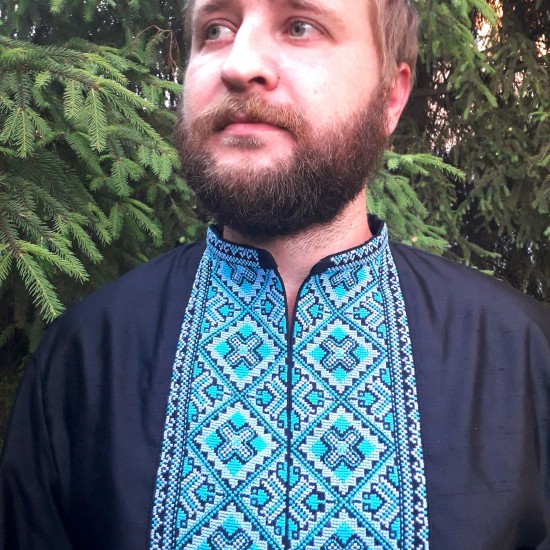 Hand embroidered linen shirt Black organic shirt for men Ethnic ukrainian embroidery Blue cross stitch Slavic costume Christmas gift Hand embroidered linen shirt Black organic shirt for men Ethnic ukrainian embroidery Blue cross stitch Slavic costume Christmas gift