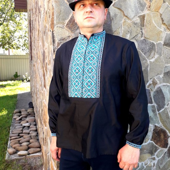 Hand embroidered linen shirt Black organic shirt for men Ethnic ukrainian embroidery Blue cross stitch Slavic costume Christmas gift Hand embroidered linen shirt Black organic shirt for men Ethnic ukrainian embroidery Blue cross stitch Slavic costume Christmas gift