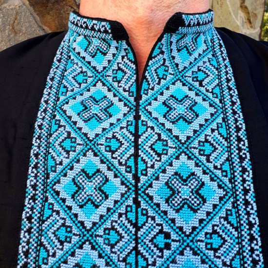 Hand embroidered linen shirt Black organic shirt for men Ethnic ukrainian embroidery Blue cross stitch Slavic costume Christmas gift Hand embroidered linen shirt Black organic shirt for men Ethnic ukrainian embroidery Blue cross stitch Slavic costume Christmas gift