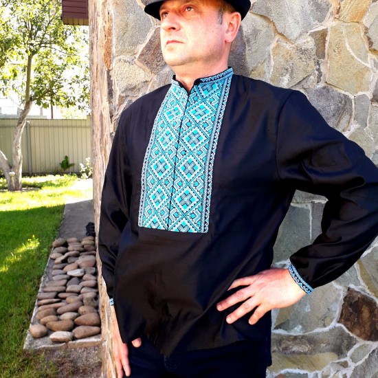 Hand embroidered linen shirt Black organic shirt for men Ethnic ukrainian embroidery Blue cross stitch Slavic costume Christmas gift Hand embroidered linen shirt Black organic shirt for men Ethnic ukrainian embroidery Blue cross stitch Slavic costume Christmas gift