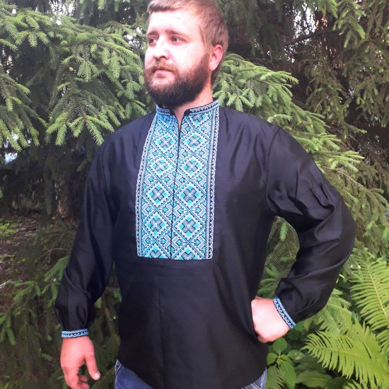Hand embroidered linen shirt Black organic shirt for men Ethnic ukrainian embroidery Blue cross stitch Slavic costume Christmas gift Hand embroidered linen shirt Black organic shirt for men Ethnic ukrainian embroidery Blue cross stitch Slavic costume Christmas gift