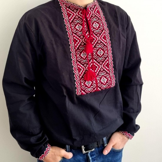 Black hand embroidered linen shirt for men Cossack folk shirt Ethnic ukrainian embroidery Red cross stitch Slavic Christmas gift Black hand embroidered linen shirt for men Cossack folk shirt Ethnic ukrainian embroidery Red cross stitch Slavic Christmas gift