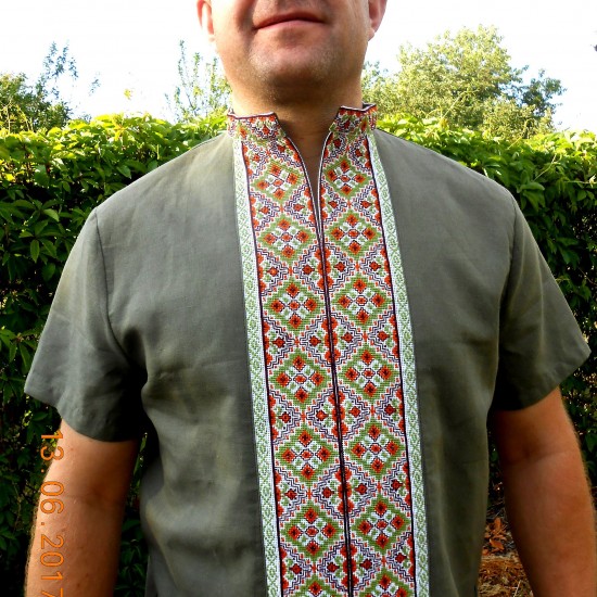 Ukrainian hand embroidered shirt with short sleeves Green orange Cross stitch embroidery Organic linen shirt for men Christmas gift Ukrainian hand embroidered shirt with short sleeves Green orange Cross stitch embroidery Organic linen shirt for men Christmas gift