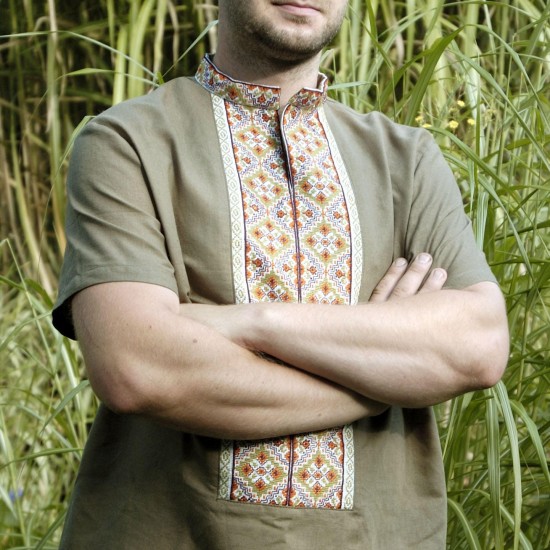 Ukrainian hand embroidered shirt with short sleeves Green orange Cross stitch embroidery Organic linen shirt for men Christmas gift Ukrainian hand embroidered shirt with short sleeves Green orange Cross stitch embroidery Organic linen shirt for men Christmas gift