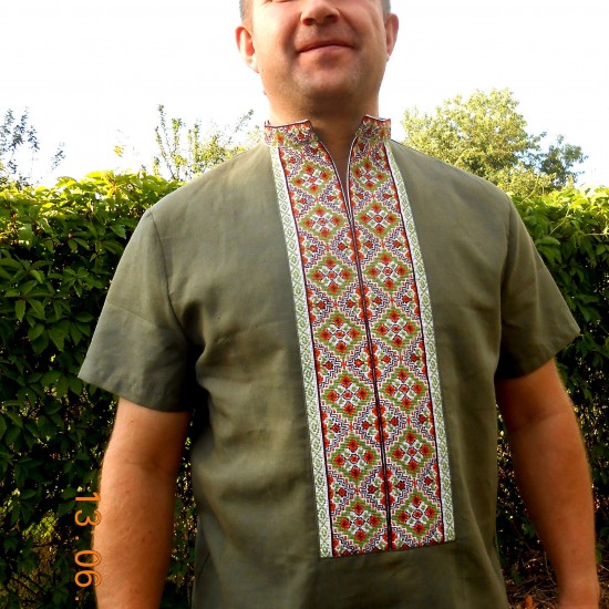 Ukrainian hand embroidered shirt with short sleeves Green orange Cross stitch embroidery Organic linen shirt for men Christmas gift Ukrainian hand embroidered shirt with short sleeves Green orange Cross stitch embroidery Organic linen shirt for men Christmas gift