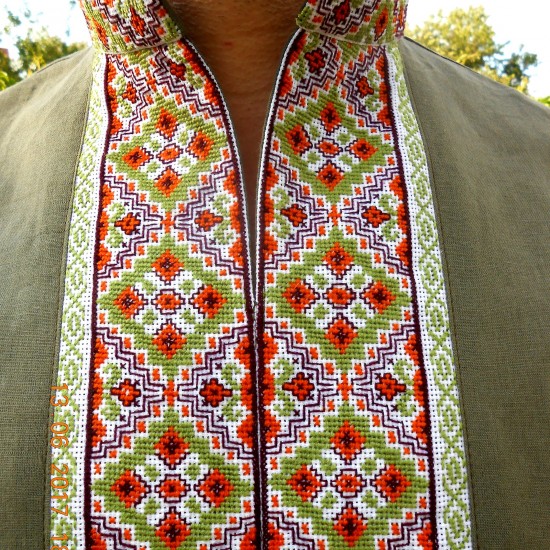 Ukrainian hand embroidered shirt with short sleeves Green orange Cross stitch embroidery Organic linen shirt for men Christmas gift Ukrainian hand embroidered shirt with short sleeves Green orange Cross stitch embroidery Organic linen shirt for men Christmas gift